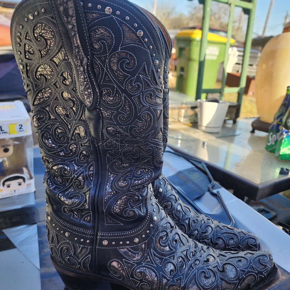 Lucchese Tan and Dark Brown Leather Western Boot Interior - Picture 8 of 9